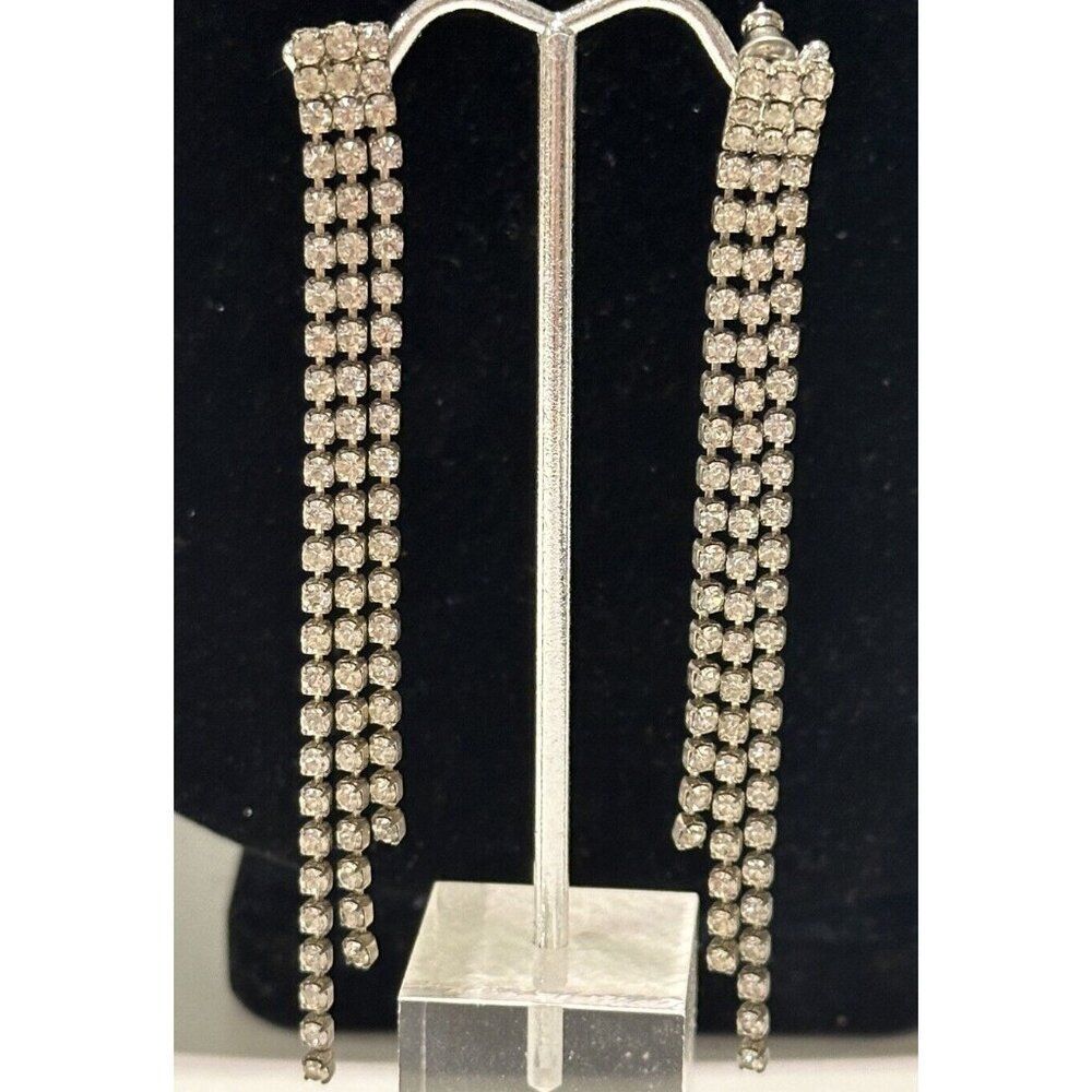 VTG Long Rhinestone Tassel Earrings Bridal Wedding Accessory statement